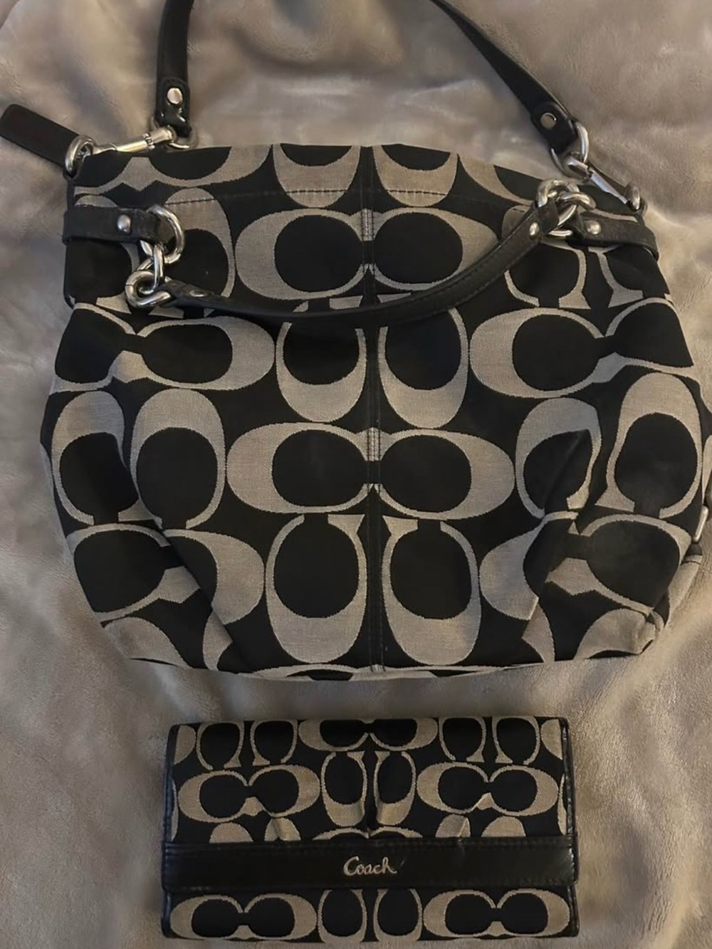 Coach Black and Gray Signature Canvas Shoulder Bag with Wallet